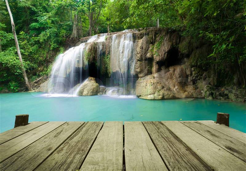 Waterfall in tropical forest at Erawan national park Kanchanaburi province, Thailand, stock photo