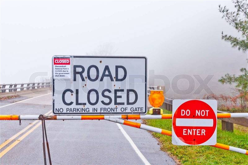 Road closed to Shenandoah National Park due to the government shutdown. Foggy day, stock photo
