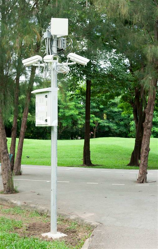 Security surveillance camera near green forest, stock photo