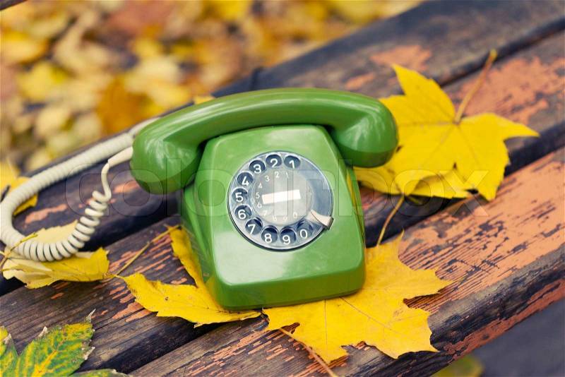 Green vintage phone on bench in autumn park, stock photo