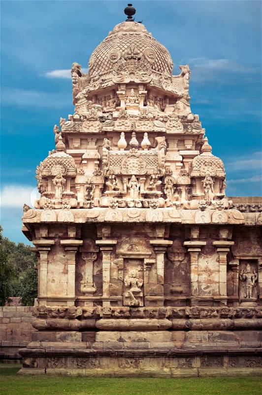 Gangaikonda Cholapuram Temple over blue sky. Great architecture of Hindu Temple dedicated to Shiva. South India, Tamil Nadu, Thanjavur Trichy, stock photo