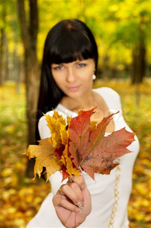 The girl in the autumn keeps the leaves on the nature, stock photo
