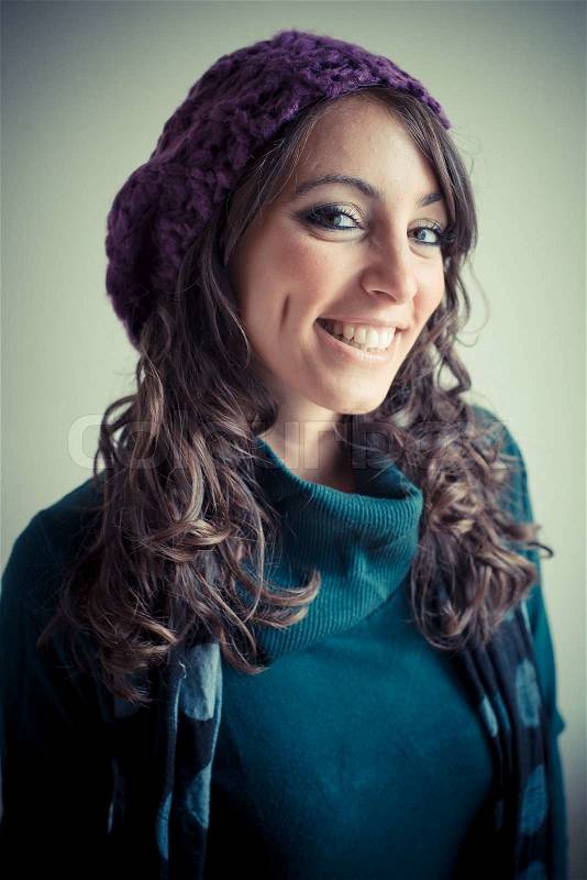 Beautiful woman with turtleneck, scarf and cap autumn, stock photo