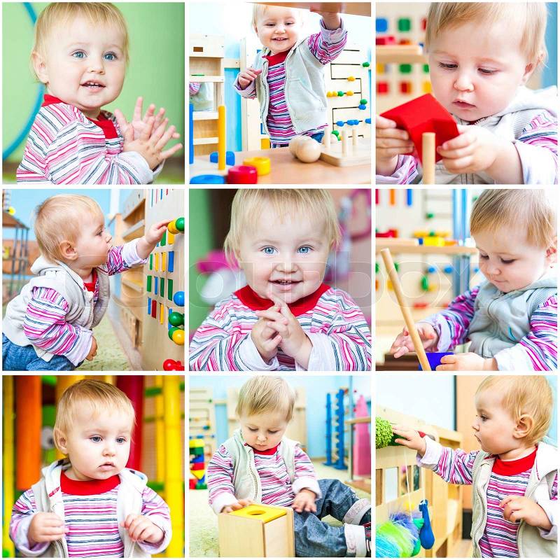 Little 11-month-old girl at school early development. A collage of photos, stock photo
