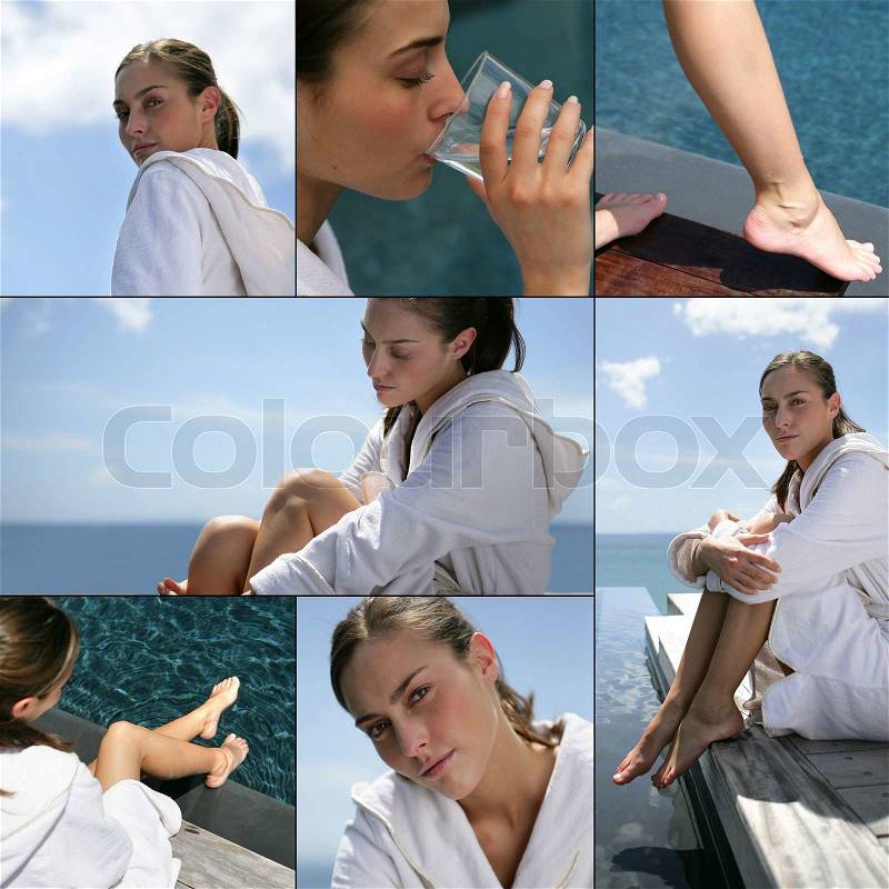 Young woman resting and facing the sea, stock photo