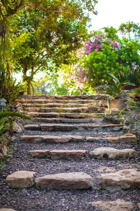 Old stone steps in a cozy little boutique hotel, stock photo