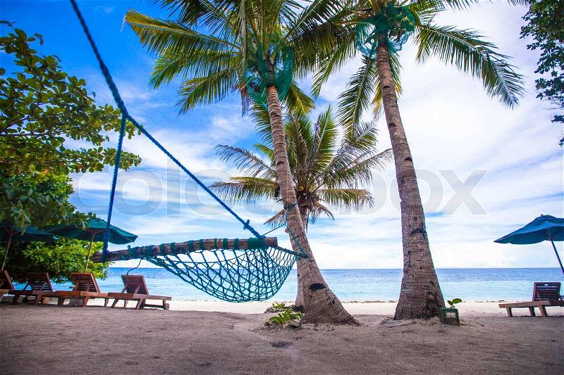 Romantic cozy hammock in the shadow of the palm on the tropical beach, stock photo