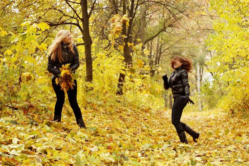 Two friends throw each other autumn leaves, stock photo