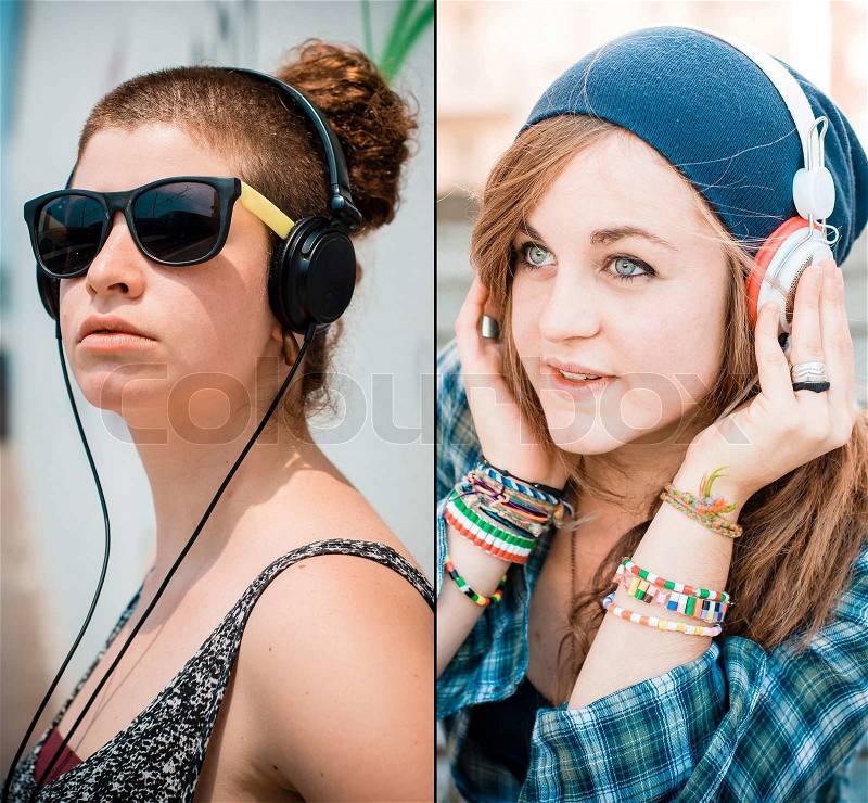 Collage of hipster young women listening to music, stock photo