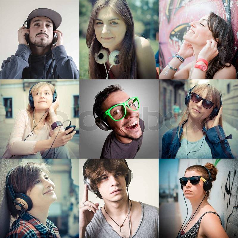 Collage of group various people listening to music, stock photo