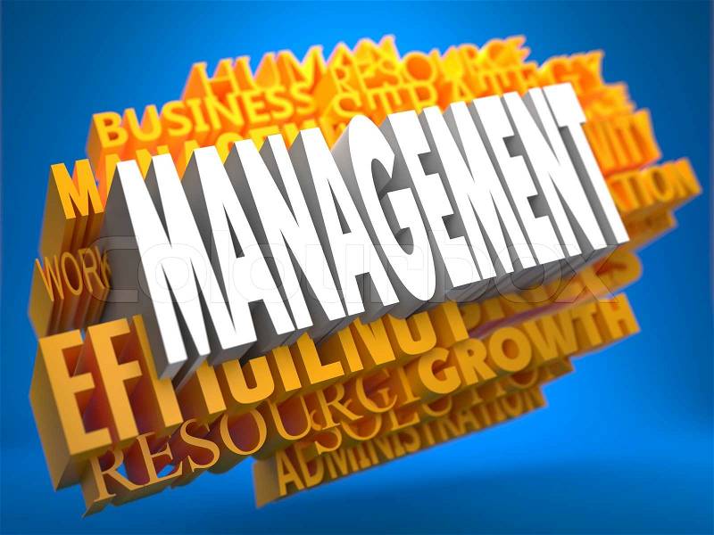 Management Word in White Color on Cloud of Yellow Words on Blue Background, stock photo