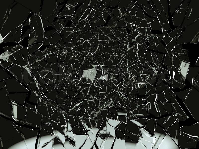 Crime scene Shattered glass over black background. Large resolution, stock photo