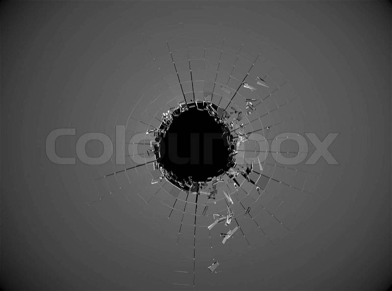 Pieces of Broken or Shattered black glass. Hole in the middle, stock photo