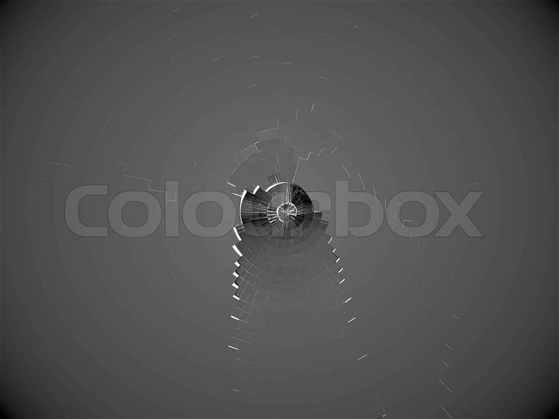 Shattered bulletproof glass with bullet hole. On white, stock photo