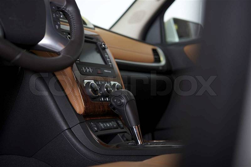 Modern Car Cockpit. Car Interior Design with Automatic Gear Box, stock photo