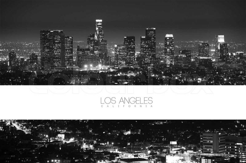 Los Angeles Black and White at Night - Panorama Postcard Design. California Collection, stock photo