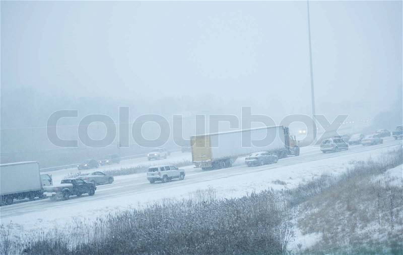Winter Storm on the Highway. Winter Season on the Road. Chicago, Illinois, USA. Transportation Photo Collection, stock photo
