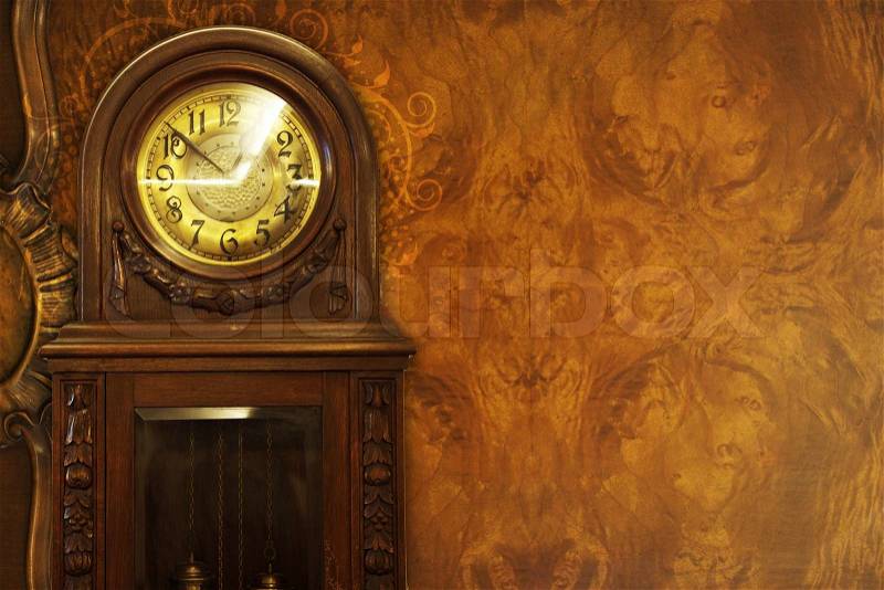Antique Clock on Antique Wood Background. Right Side Copy Space. Vintage Photography Collection, stock photo