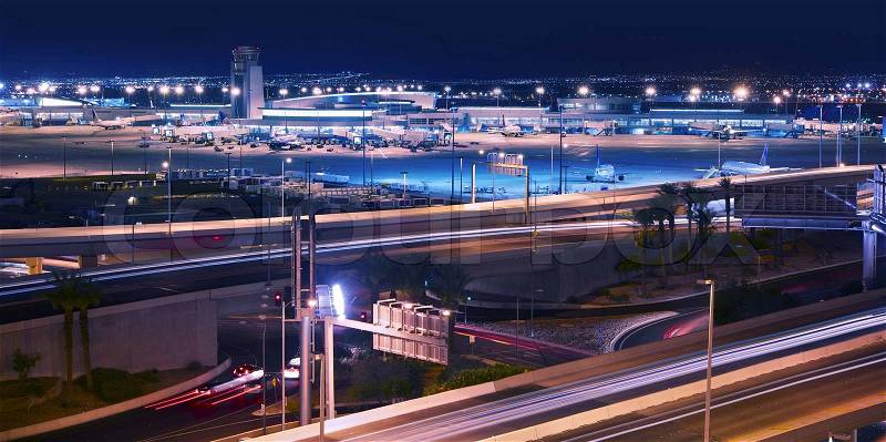 Vegas Transportation System - Las Vegas Airport and Highways System at Night. Transportation Photography Collection. Las Vegas, Nevada, U.S.A, stock photo