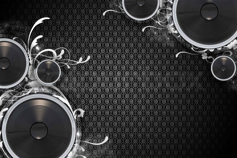 Music Theme: Floral Speakers - Floral Dark Background Pattern. Bass Speakers Bottom-Left and Top-Right Corners. Cool Music Background. Great For Any Music Event Posters or Flyers, stock photo