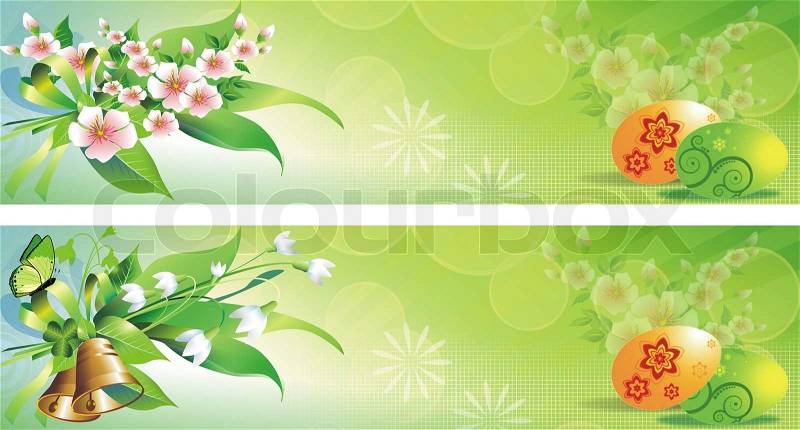 Green Spring Easter Banners with Eggs and Floral Elements. Two Easter Banners to Choose From, stock photo