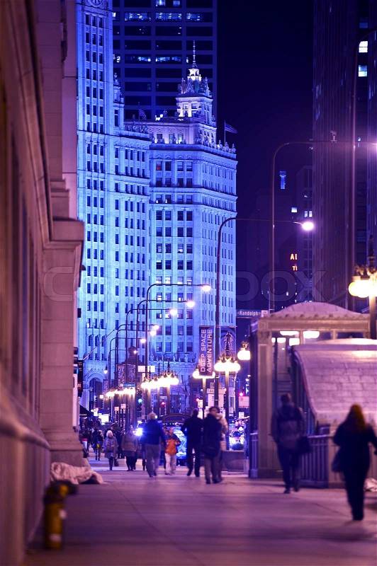 Chicago Michigan Avenue Vertical Photography After Dark. Chicago, Illinois, USA. Chicago\'s Famous Street Located in Downtown, stock photo