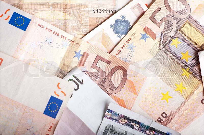 Euro Banknotes Photo Background - Top View. European Currency - Euro, stock photo