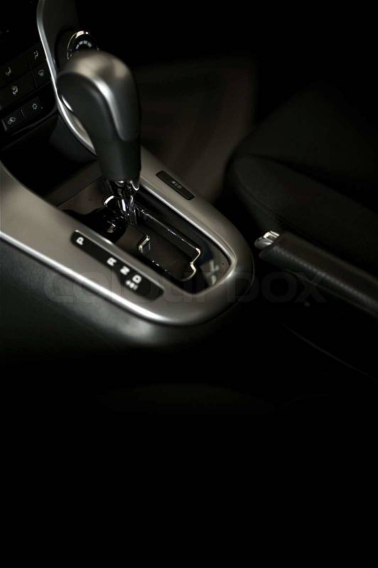 Automatic Drive. Automatic Transmission Console and Dashboard of the Modern Car. Dark Studio Photo, stock photo