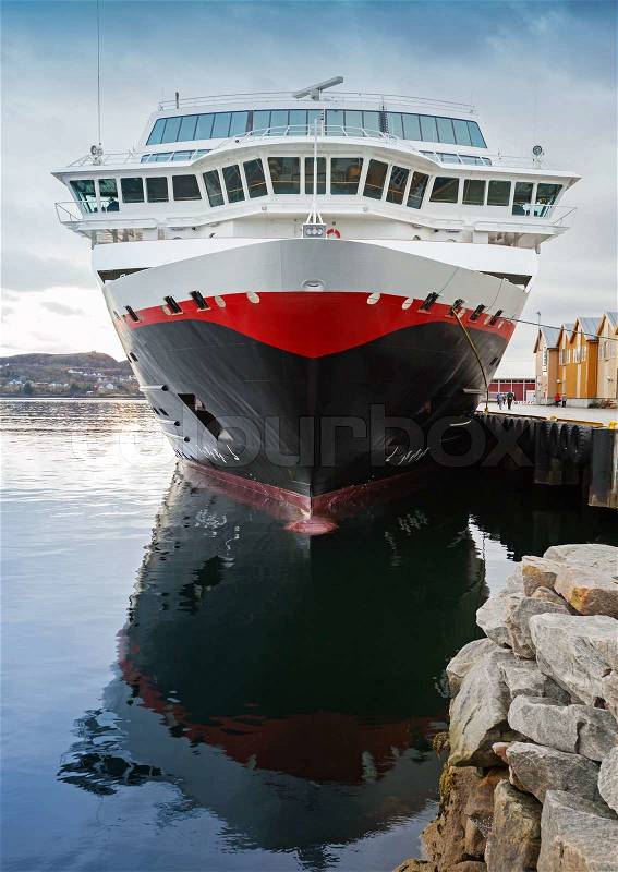 Front view of moored big modern passenger cruise ship, stock photo