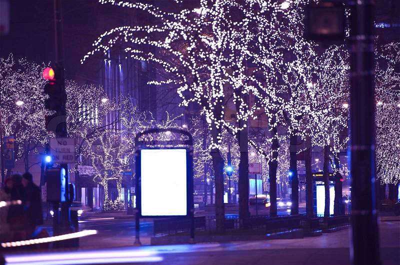 Holidays in Chicago. Christmas-Thanksgiving Michigan Ave Lights. Michigan Avenue, Chicago, USA. , stock photo