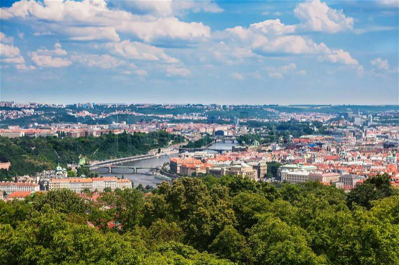 Landscape of Prague city center and Vltava river, aerial view, stock photo
