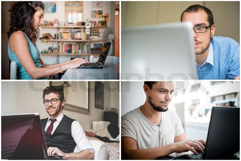 Collage of people using notebook connecting, stock photo
