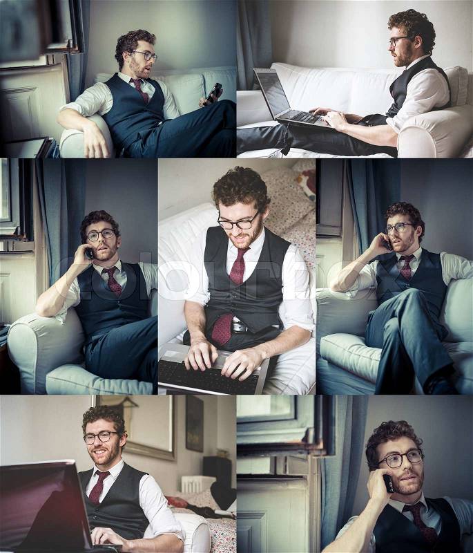 Collage of stylish man using notebook and phone at home , stock photo