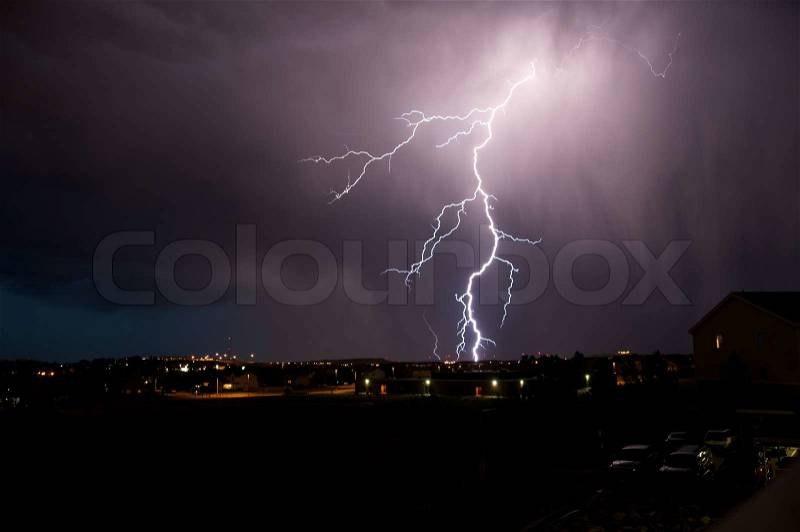 Lightning Strike. Severe Weather in Colorado. Night Thunderstorm, stock photo