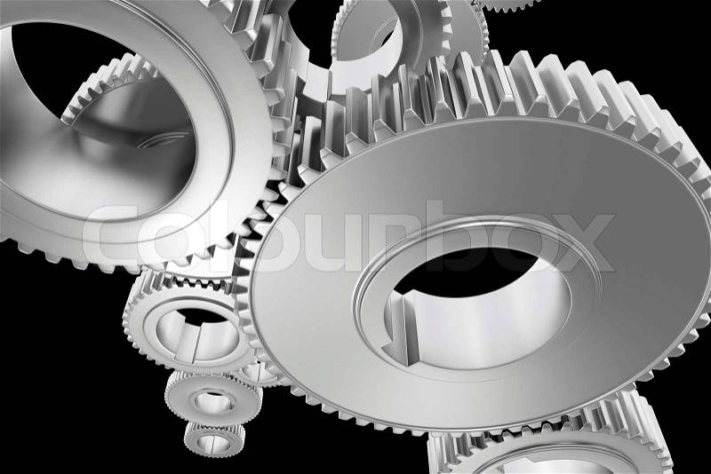 Steel Gears Background. Technology Background with Steel Cogwheels on Solid Black Background. 3D Rendered Illustration, stock photo