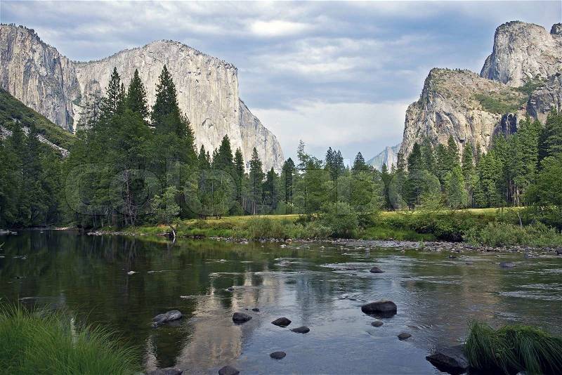 Merced River Yosemite National Park, California, U.S.A. Beautiful Yosemite Valley Scenery with Merced River. Summer in Yosemite Valley. Nature Photography Collection, stock photo
