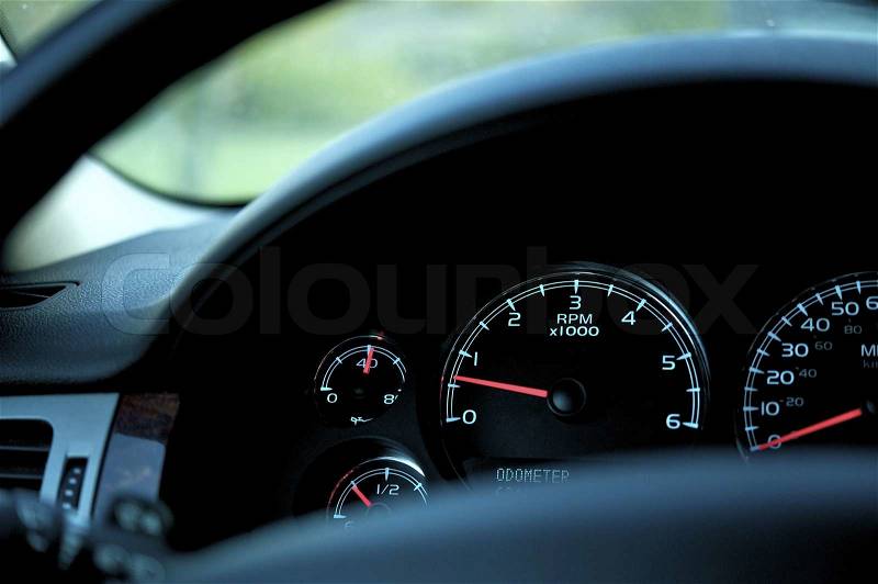 Car Dash RPM Rotation Per Minute, Oil Temperature, Fuel and Speedometer Closeup Photo. Modern Vehicle Dash. Transportation Photo Collection, stock photo