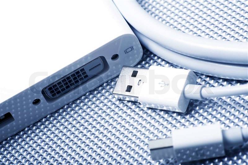 Computer Display Adapter with USB Connection Closeup. Computers Technology Theme, stock photo