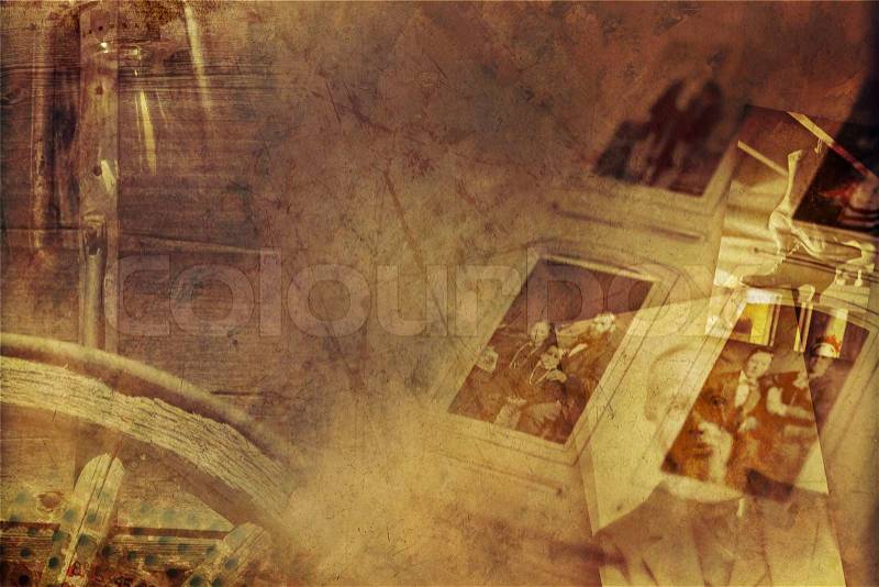 Vintage Photography Background. Old Vintage Photography Album, Some Wood Wheel and Lamp. Grunge Sepia Theme, stock photo