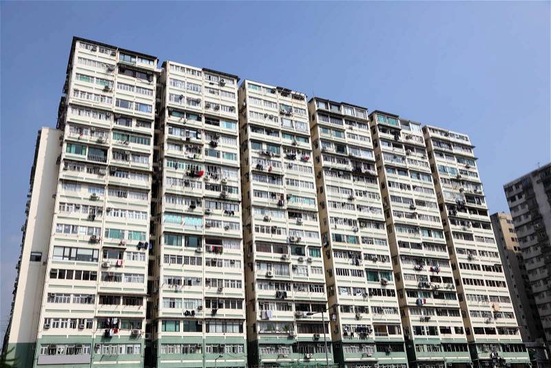 Highrise residential apartments building in Hong Kong New Territories, stock photo