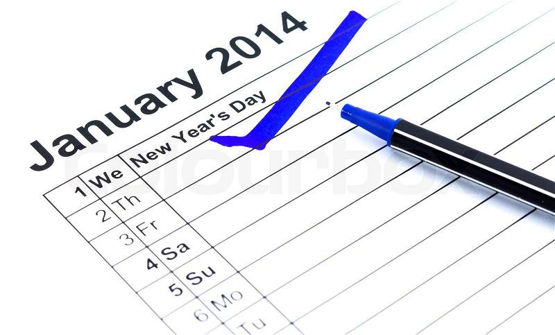 Blue check. Mark on the calendar at 1St January 2014, new year\'s day, stock photo