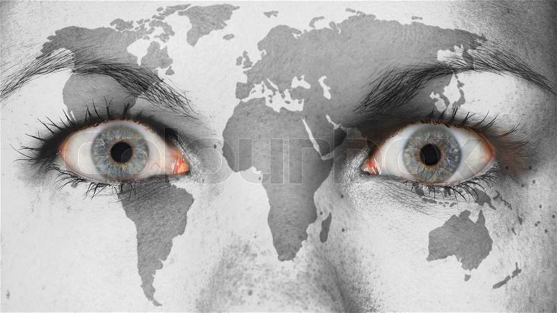 Close up of eyes. Painted face with world map, stock photo