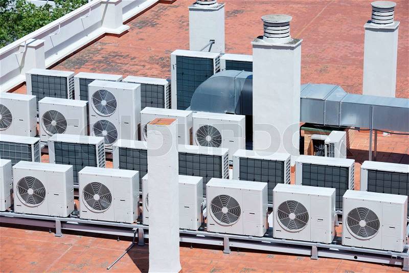 View on the roof of a building of a large air conditioning equipment, stock photo