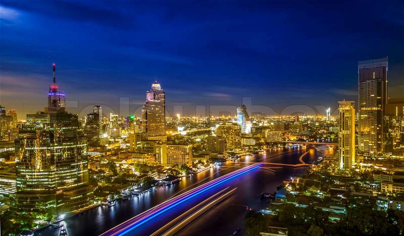 River in Bangkok city in night time with bird view, stock photo