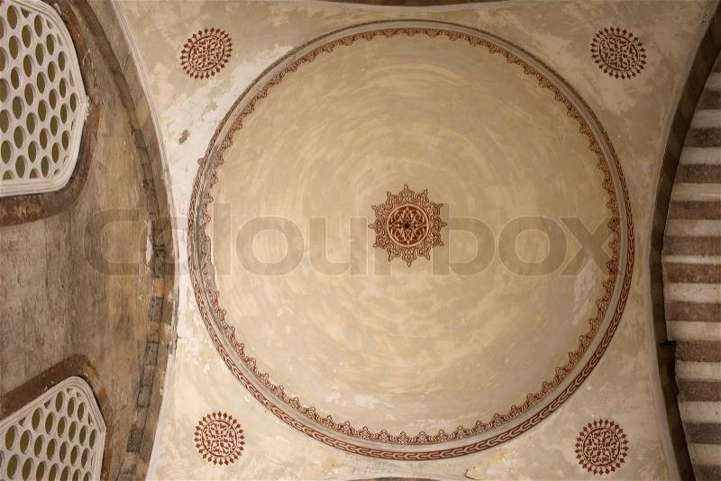 Decorative ceiling architecture details in the Blue Mosque courtyard in Istanbul, Turkey, stock photo