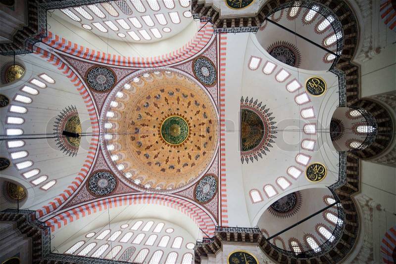 Suleymaniye Mosque Ottoman imperial mosque ornate interior ceiling in Istanbul, Turkey, stock photo