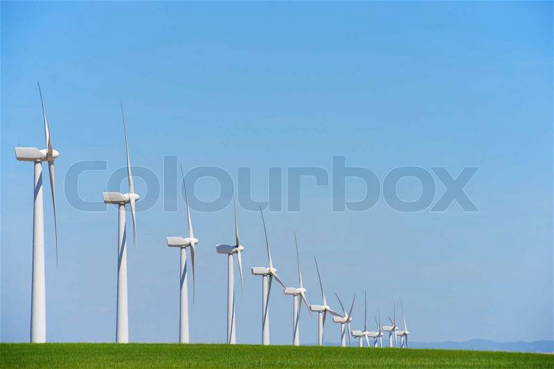 Windmills for electric power production, Pozuelo de Aragon, Zaragoza, Aragon, Spain, stock photo