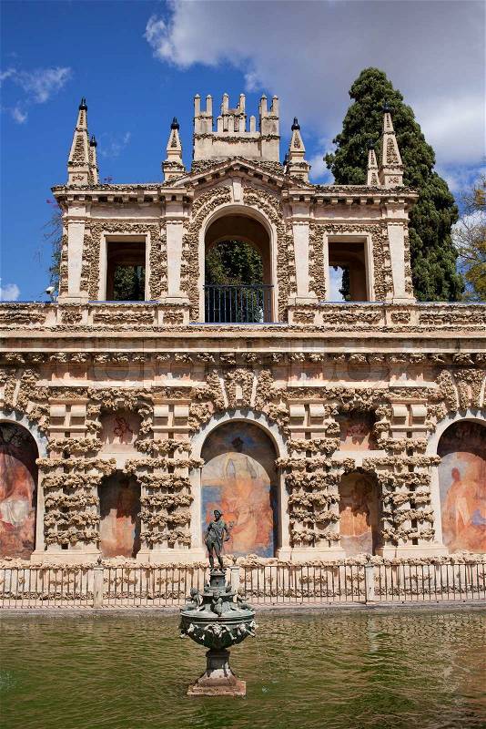 Grotesque Gallery (Galeria del Grutesco) and Mercury statue in Garden of the Pond (Jardin del Estanque), Royal Palace (Real Alcazar), Seville, Andalusia, Spain, stock photo