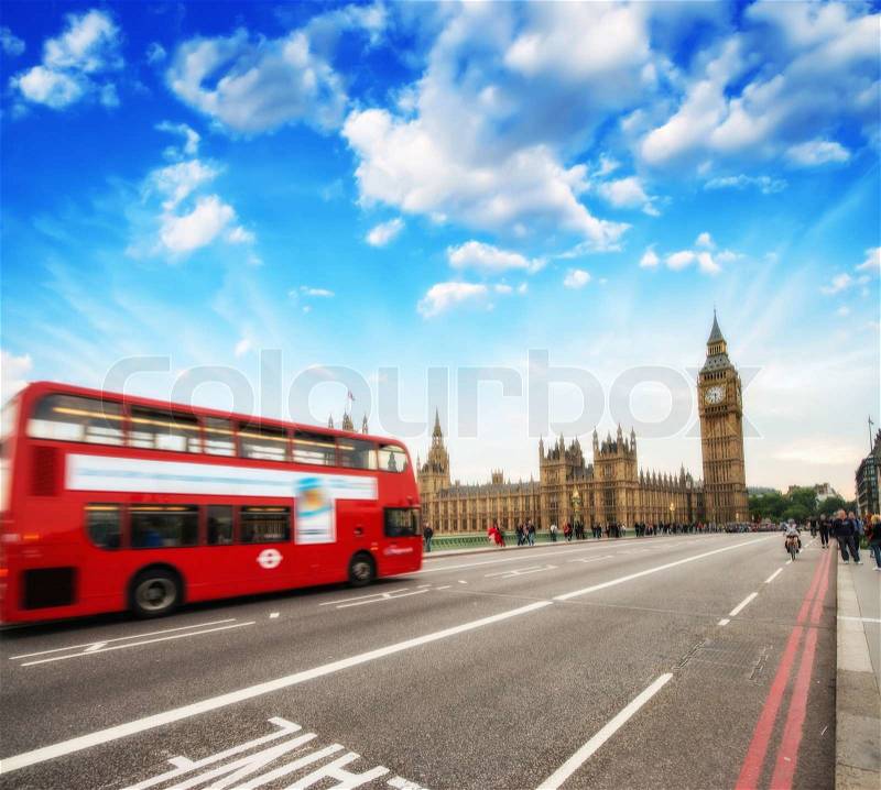 Red Double Decker Bus in the heart of London. Westminster Bridge, stock photo