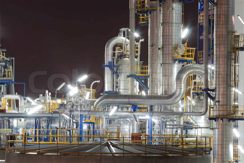 Night scene of Lighting reflection in Chemical industrial plant, stock photo